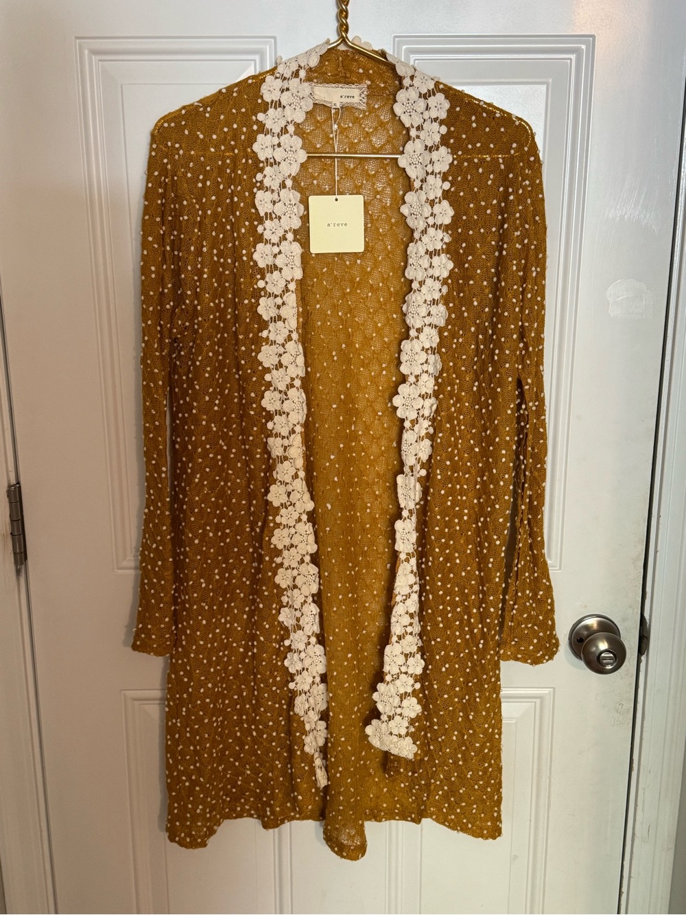 NWT Gold Bohemian Floral Lace Crochet Duster Cardigan Festival Sweater Sz XL